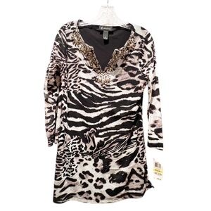 INC Animal Print Embellished Dress-Black & White Zebra Print-Size Medium